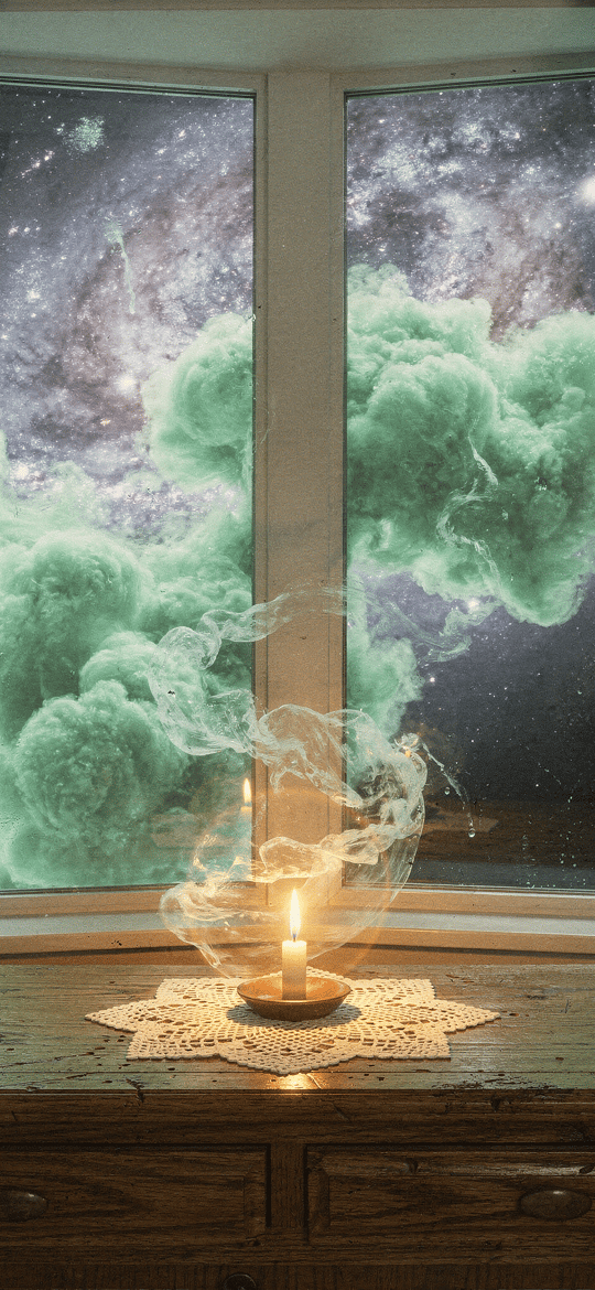 Candle and Green Nebula Clouds at Window