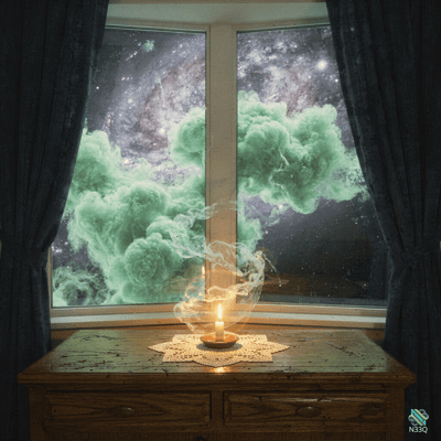 Candle and Green Nebula Clouds at Window