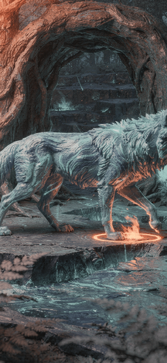 Wolf Stepping Through Fire Before a Root Archway