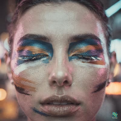 Woman with Bold Multicolored Face Makeup