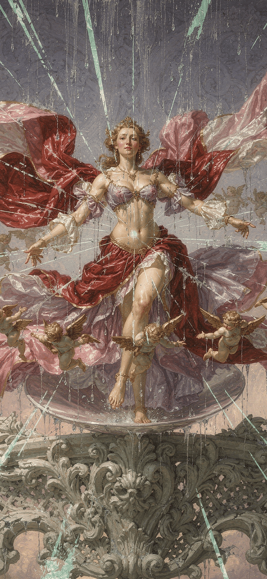 Baroque Woman in Red Silk Surrounded by Cherubs
