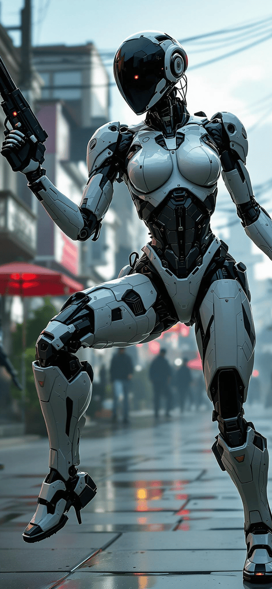 Female Android Warrior in Wet City Street