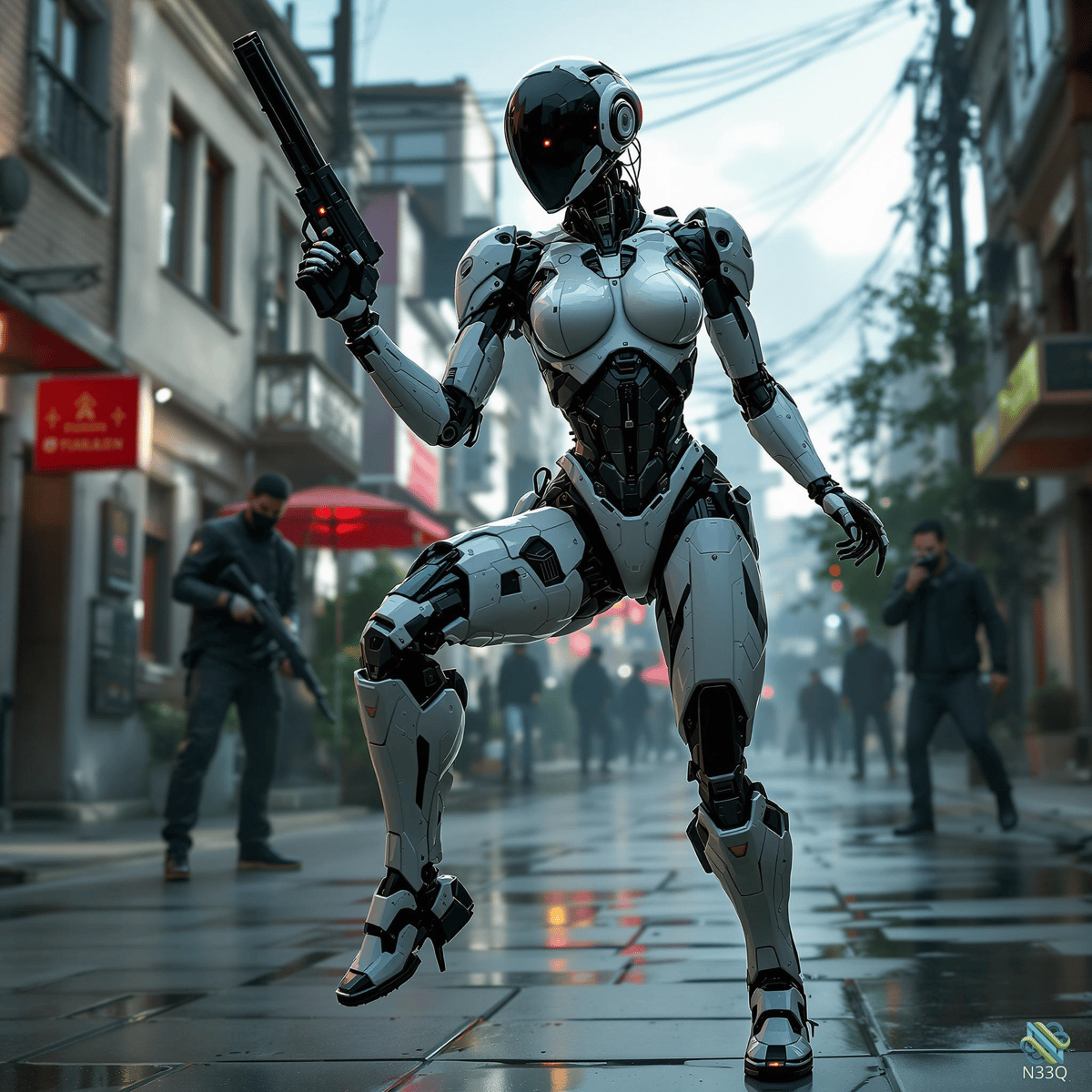 Female Android Warrior in Wet City Street