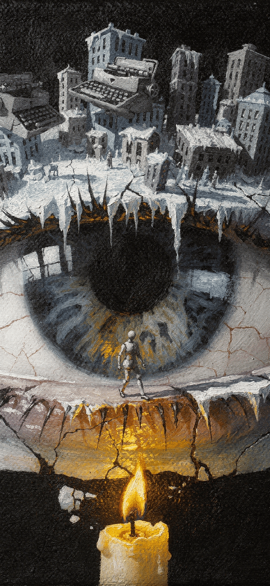 Giant Cracked Eye Crowned with a Miniature City