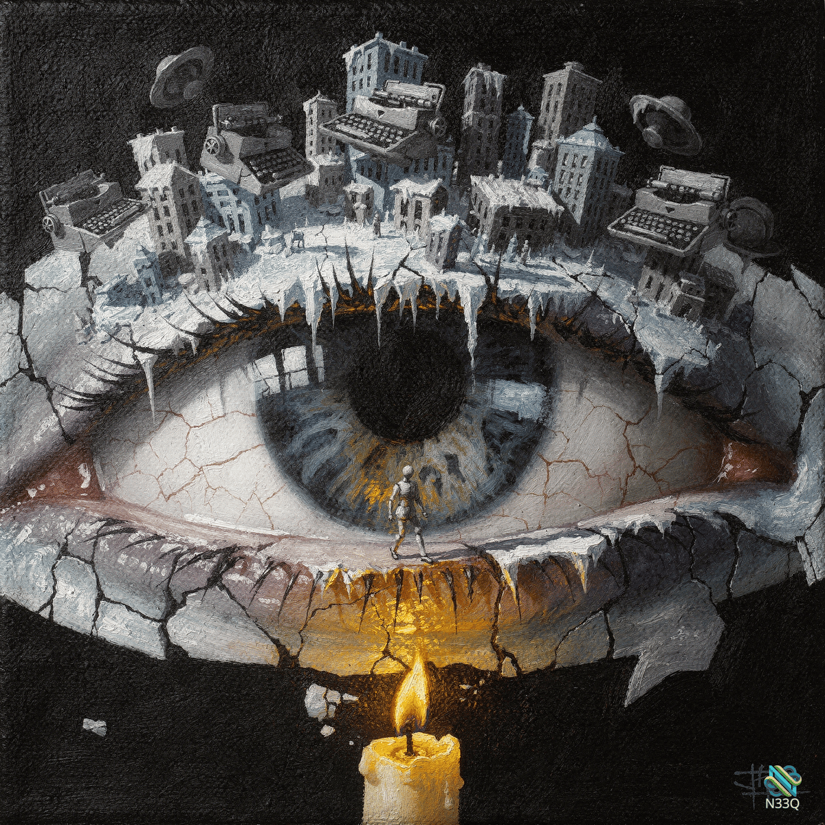 Giant Cracked Eye Crowned with a Miniature City