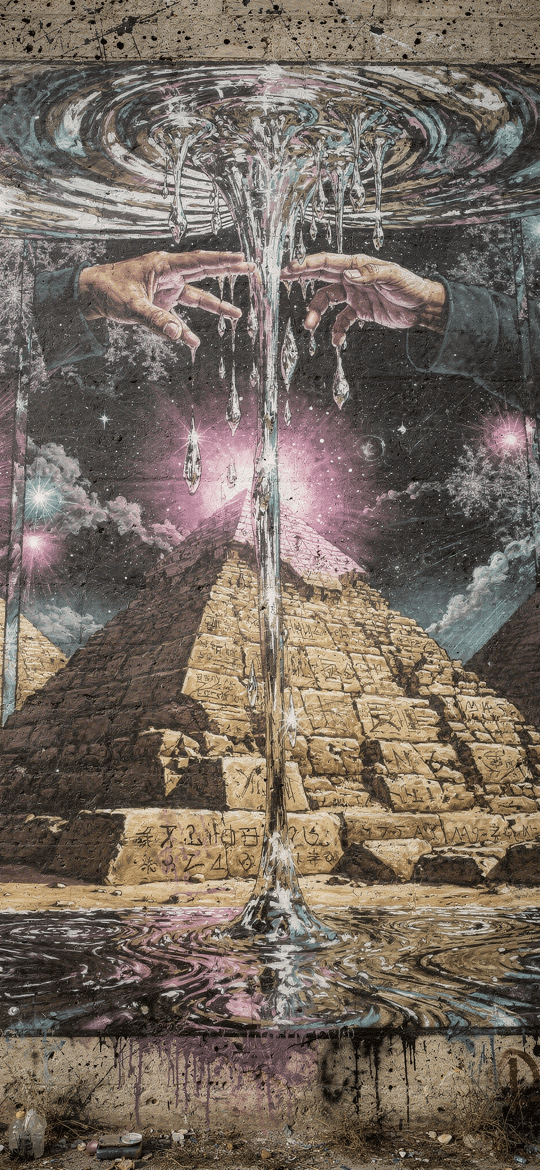 Hands Pouring Water Over Cosmic Pyramids