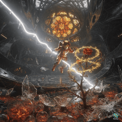 Astronaut Floating Near Glowing Rose in Ruined Cathedral