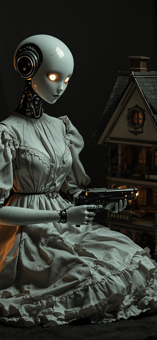 Robotic Figure in White Dress with Gun
