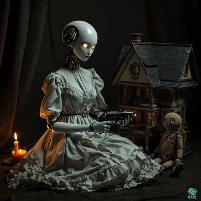 Robotic Figure in White Dress with Gun