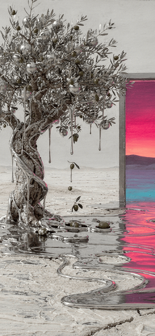 Silver Olive Tree Beside a Door to a Pink Sunset