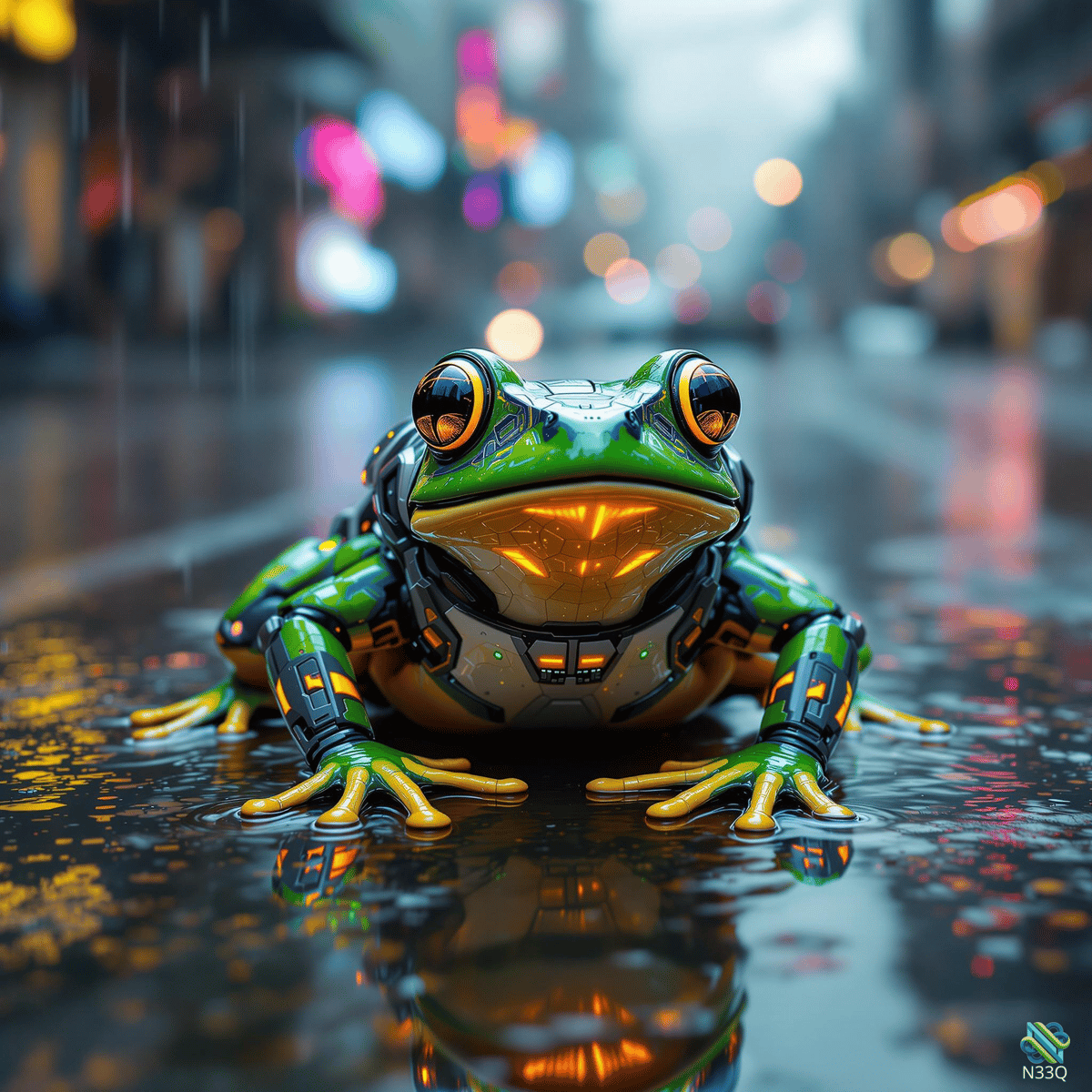 Green Robotic Frog in Neon Rain