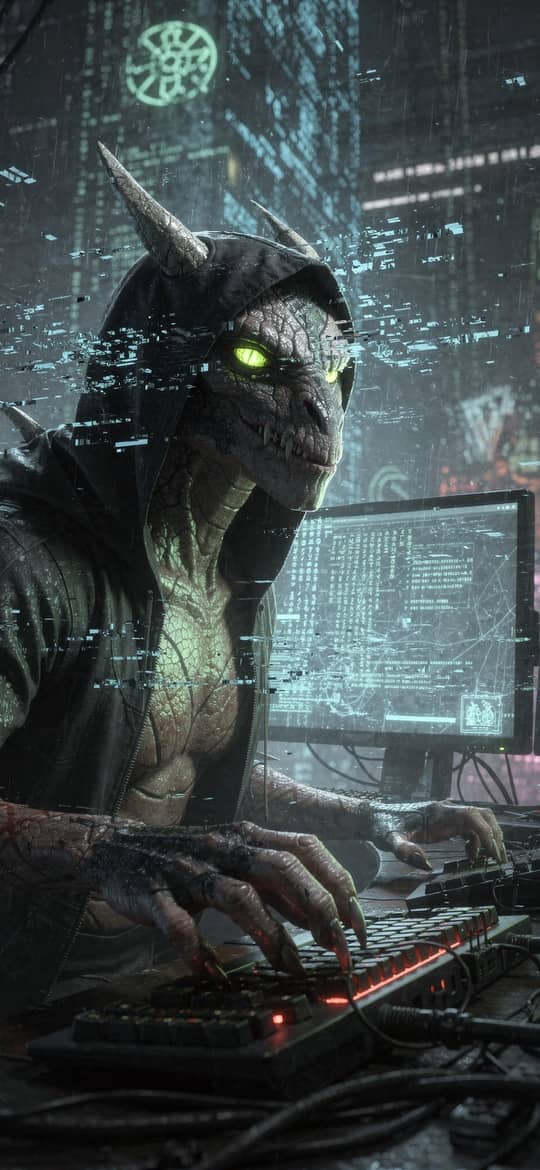 Reptilian Hacker in Neon Cyberpunk Room
