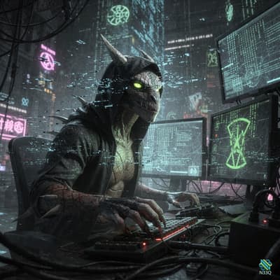 Reptilian Hacker in Neon Cyberpunk Room