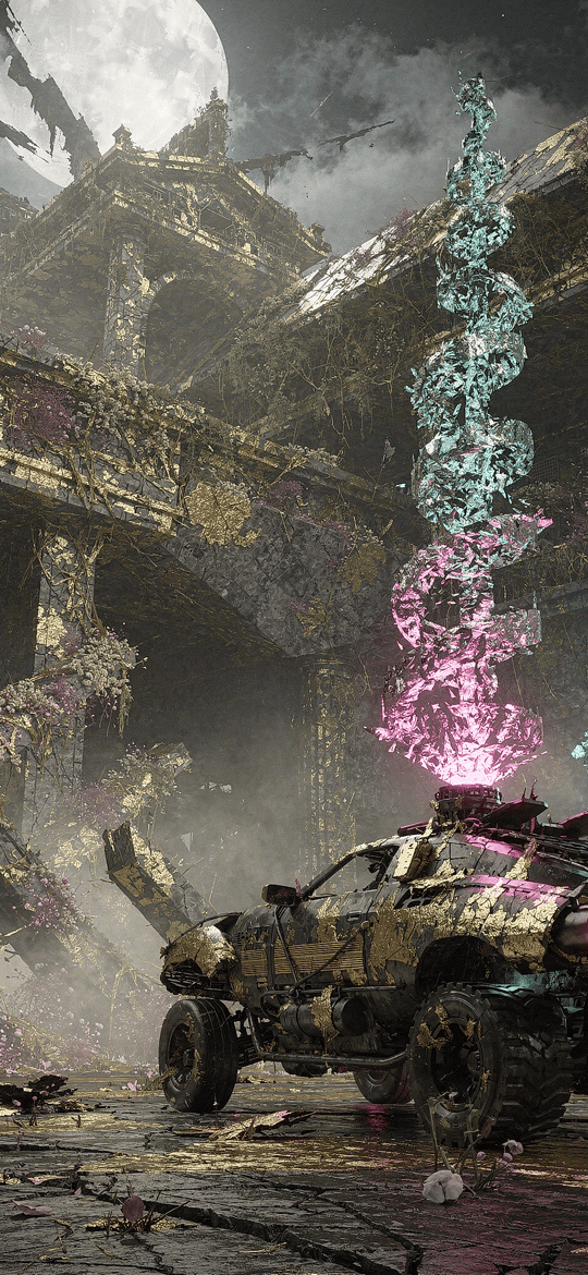 Armored Vehicle in Moonlit Ruined Palace