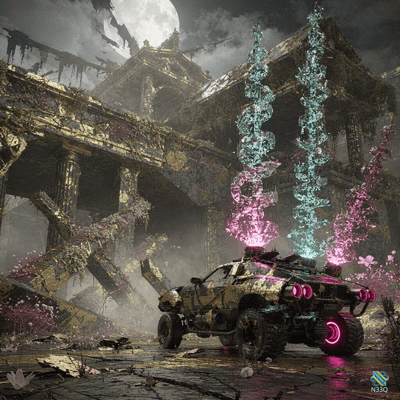 Armored Vehicle in Moonlit Ruined Palace