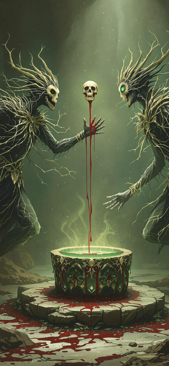 Skeletal Wraiths Dripping Blood into Cauldron