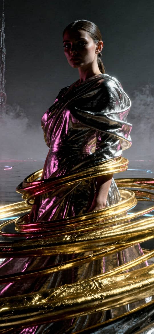 Woman in Metallic Dress Amidst Golden Rings