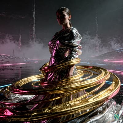 Woman in Metallic Dress Amidst Golden Rings