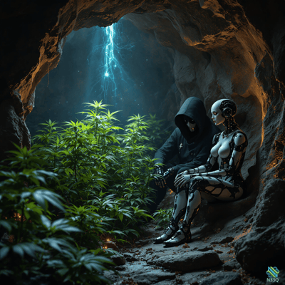 Hooded Figure and Cyborg in Lightning Cave