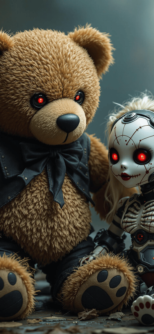 Teddy Bear and Robotic Doll in Forest