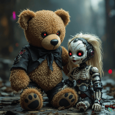 Teddy Bear and Robotic Doll in Forest