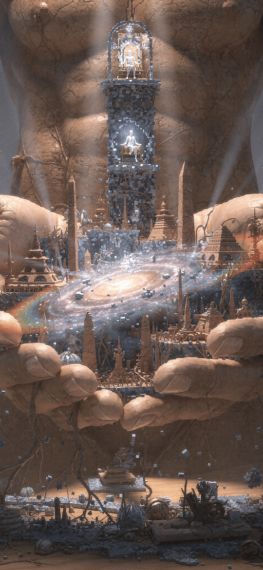 Giant Cracked Hands Holding Cosmic City