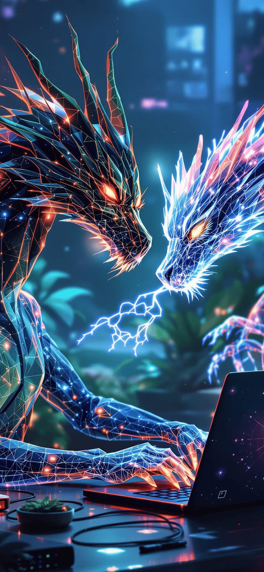 Neon Dragons Using Laptop