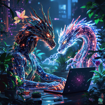 Neon Dragons Using Laptop