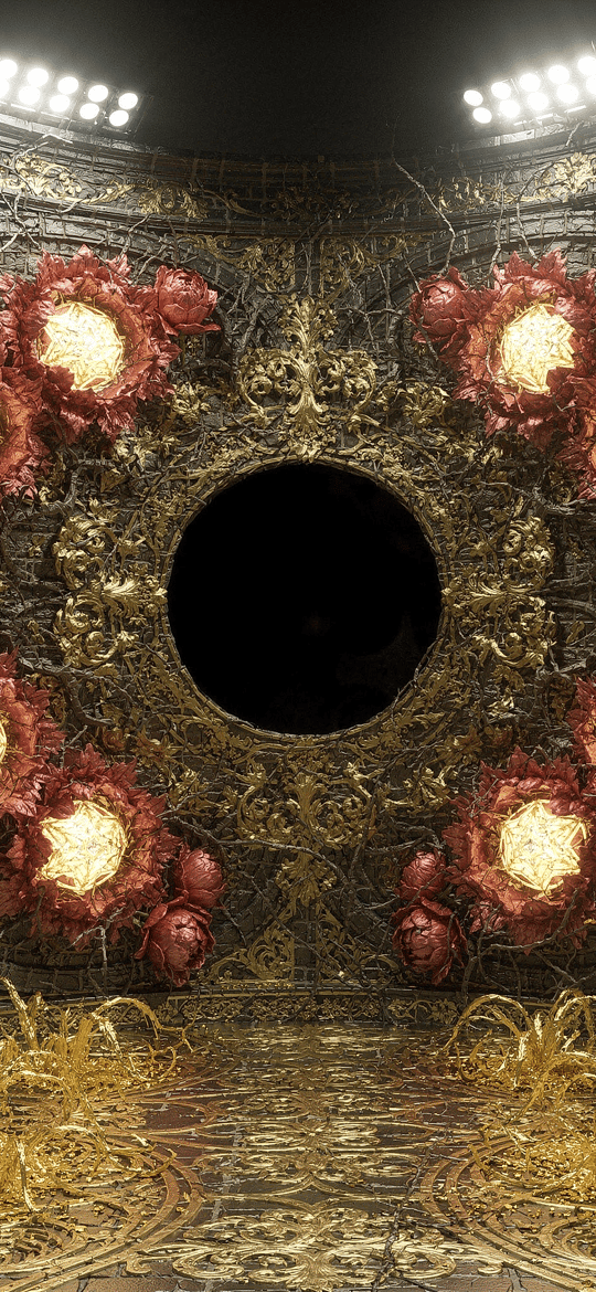 Ornate Golden Chamber with Glowing Red Roses