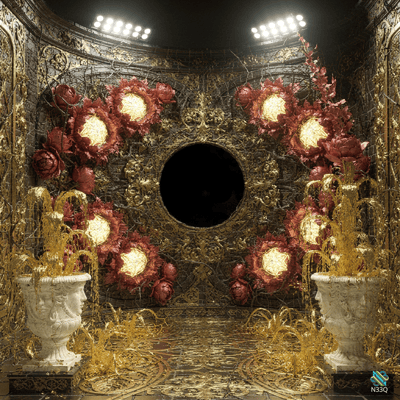 Ornate Golden Chamber with Glowing Red Roses