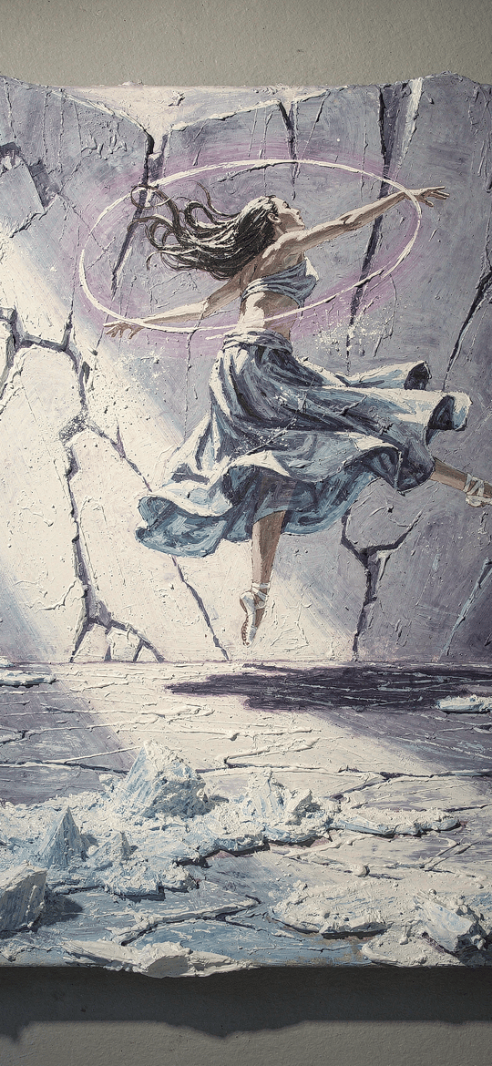 Dancer Leaping Across a Cracked Stone Wall