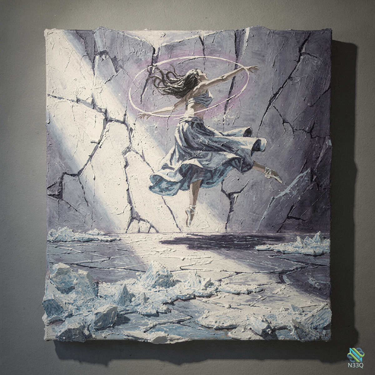 Dancer Leaping Across a Cracked Stone Wall