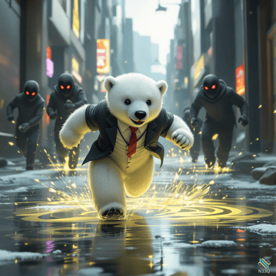 Polar Bear in Suit Running from Shadows