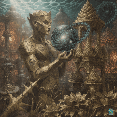 Geometric King Holding Cosmic Orb in Temple