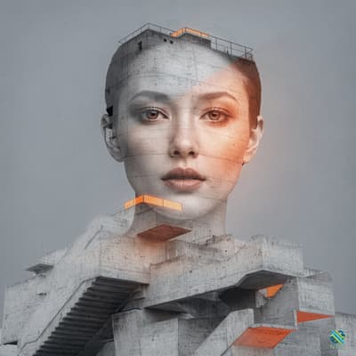 Woman's Face Merged with Concrete Architecture