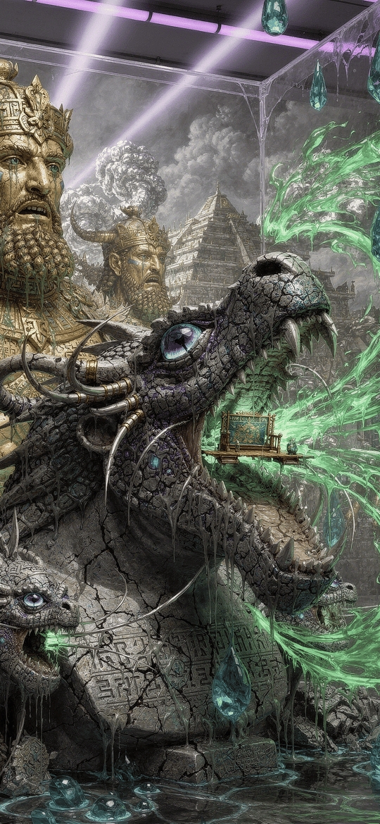 Cracked Stone Dragon Amid Golden Statues
