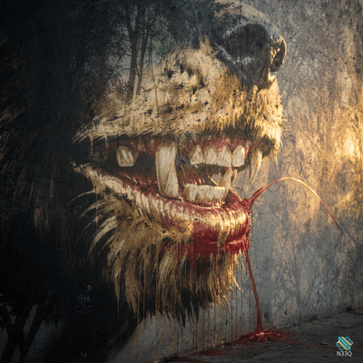 Bloody Lion Graffiti Mural on Wall