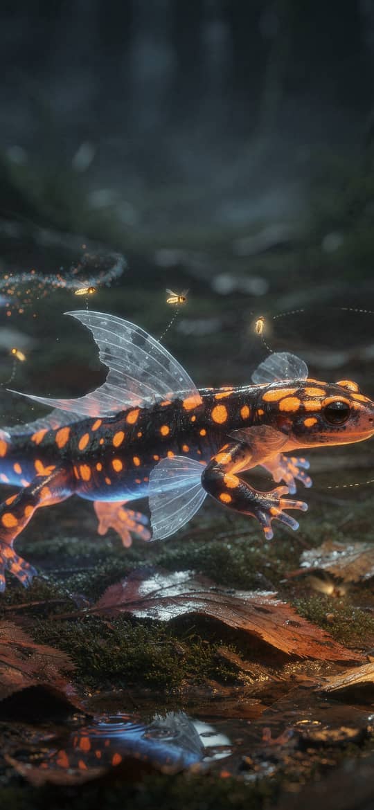 Glowing Winged Salamander in Misty Forest