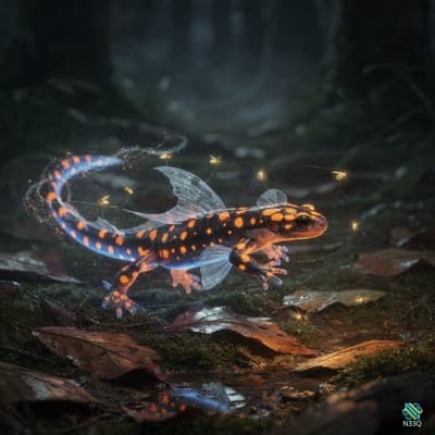 Glowing Winged Salamander in Misty Forest