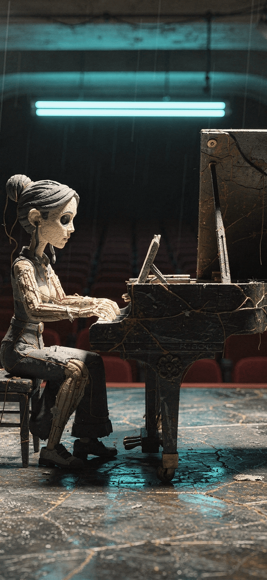 Cracked Doll-Like Pianist on an Empty Stage