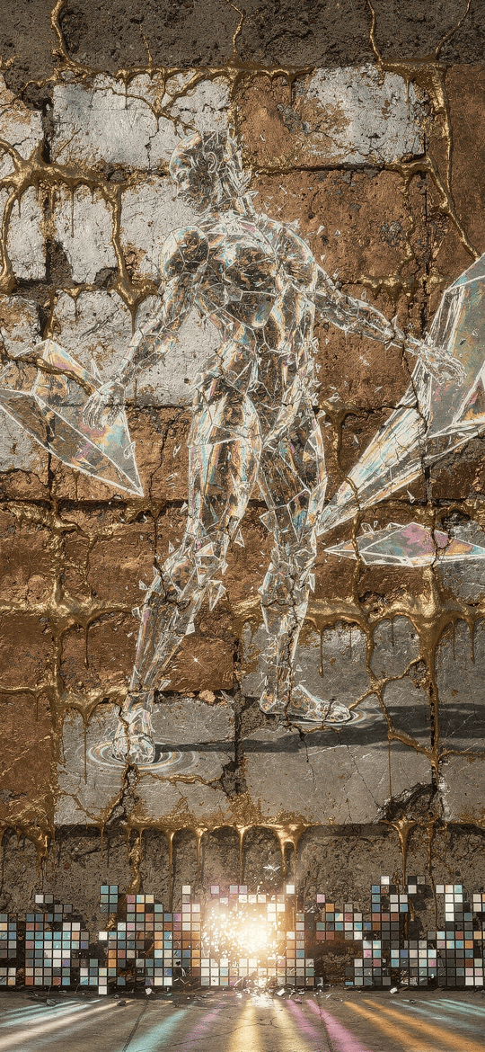 Glass Warrior with Crystal Blade on a Cracked Gold Wall