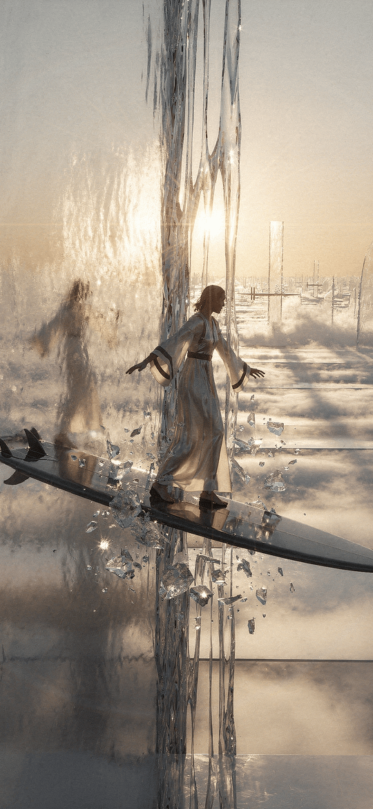 Figures Riding Boards Through Glass Waterfalls at Sunset