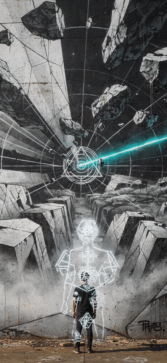 Figure and Wireframe Double Before a Geometric Mural