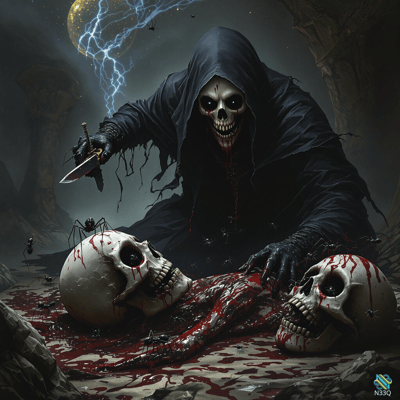 Grim Reaper With Bloody Skulls And Dagger