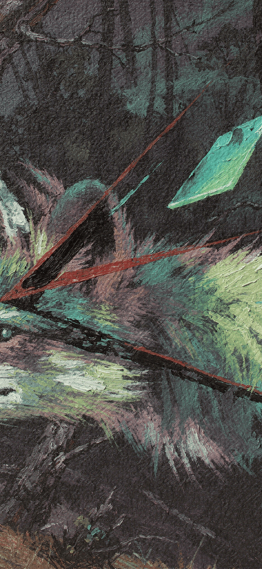 Painted Fox in a Dark Forest with Red Light Streaks