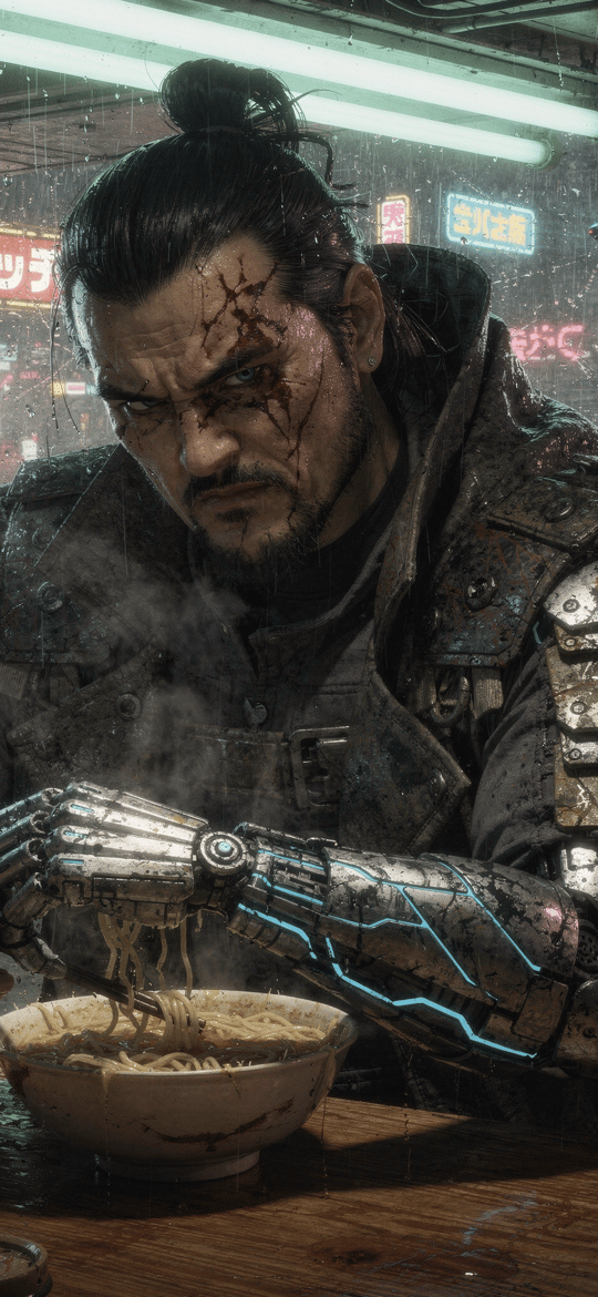 Cyberpunk Warrior Eating Ramen in Rain