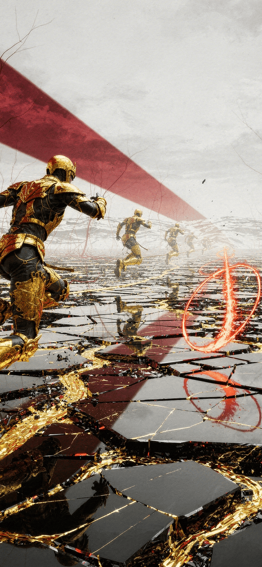 Golden-Armoured Runners on Cracked Black Glass
