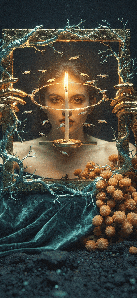 Woman Framed by Golden Hands Holding a Candle