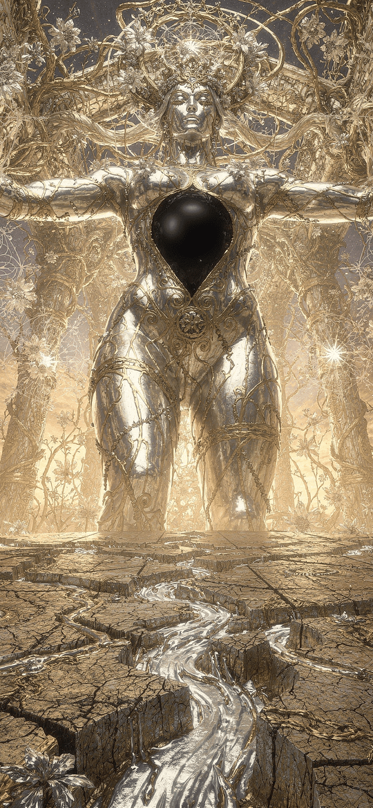 Silver Goddess Statue with a Black Orb in a Golden Grove
