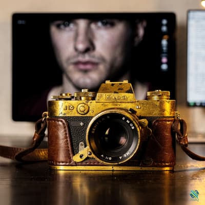 Weathered Gold Vintage Camera on Desk